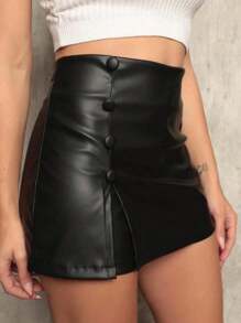 Short Leather Skirt With 4 Buttons And Side Zipper - Black - View 1