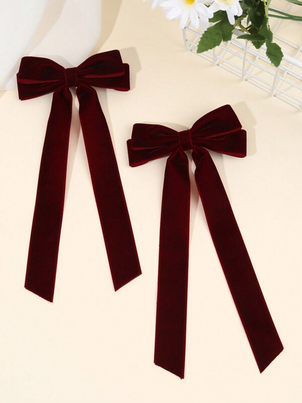 2 peças laços de cabelo de veludo vermelho vinho para meninas, laços de veludo lisos e longos, clipes de jacaré, laços grandes, grampos de cabelo para crianças pequenas, laços de rabo de cavalo, grampos de cabelo para outono e inverno, acessórios para cabelo infantil