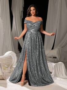 Faeriesty Curve 优雅大码露肩高开衩 A 字形正式晚礼服，适合庆典活动、婚宴、慈善舞会、颁奖典礼和正式宴会