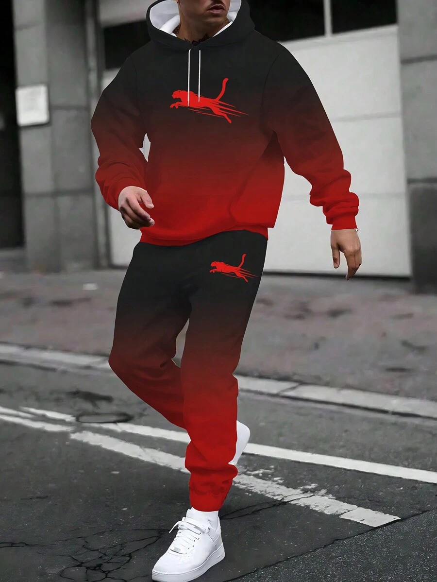Men's 2 Pieces Tracksuit With Gradual Leopard Print, Hoodie And Sweatpants Suit For Sports/Outdoor/Running, Men's Wear, Plus Size - Red - View 1