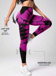 Yefecy 2 件套扎染无缝高腰女式健身紧身裤，女式紧身提臀瑜伽健身裤，女式运动服 - 粉色 - 查看 2