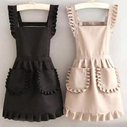 1件时尚韩版围裙，防水防污，可爱蕾丝裙围裙，黑色防污无袖围裙，适合居家、厨房、美甲店、烹饪、烘焙、美甲沙龙、女士工作服、咖啡店、家庭烹饪和清洁等场合的无袖围兜式围裙