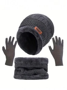 儿童冬季帽子围巾和手套套装保暖内衬无檐便帽针织帽围巾适合 8-16 岁男孩女孩