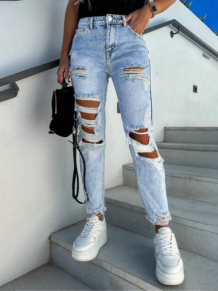 女士休闲通勤破洞修身妈妈牛仔裤，秋季 - 藍色 - 查看 1