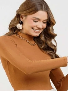 Basic Visco Lycra Turtleneck Second Skin Top - 駝色 - 查看 1