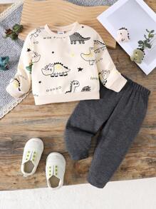2 piezas Conjunto informal de sudadera con estampado de dinosaurio para bebés niños, ligero, otoño/invierno - Albaricoque - Ver 1