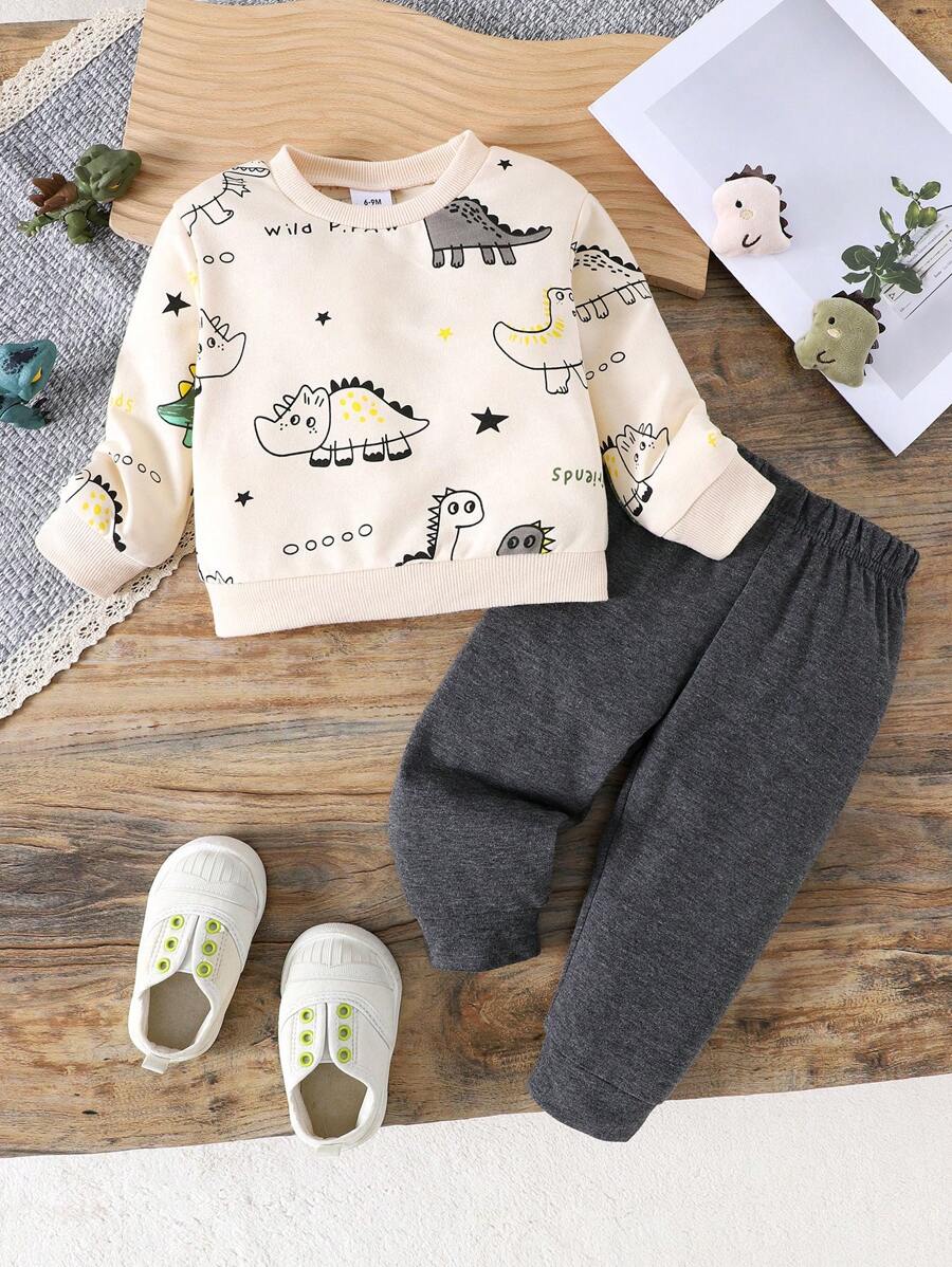 2 piezas Conjunto informal de sudadera con estampado de dinosaurio para bebés niños, ligero, otoño/invierno - Albaricoque - Ver 1