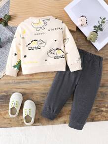 2 piezas Conjunto informal de sudadera con estampado de dinosaurio para bebés niños, ligero, otoño/invierno - Albaricoque - Ver 2