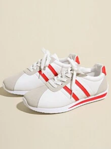 Women's Lace Up Non-Slip Flat Running Shoes, Suitable For Hiking, Dancing, Fitness, White Leather Upper, Casual Sneakers For Spring/Autumn, Size 35-43 - Red - View 2