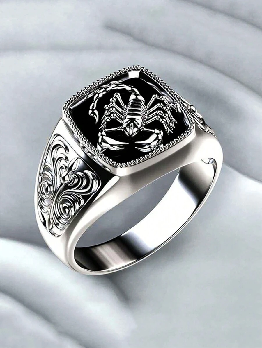 1pc Copper Material Fashion Scorpion Totem Enamel Black Ring, Classic Accessory For Men - Black - View 1