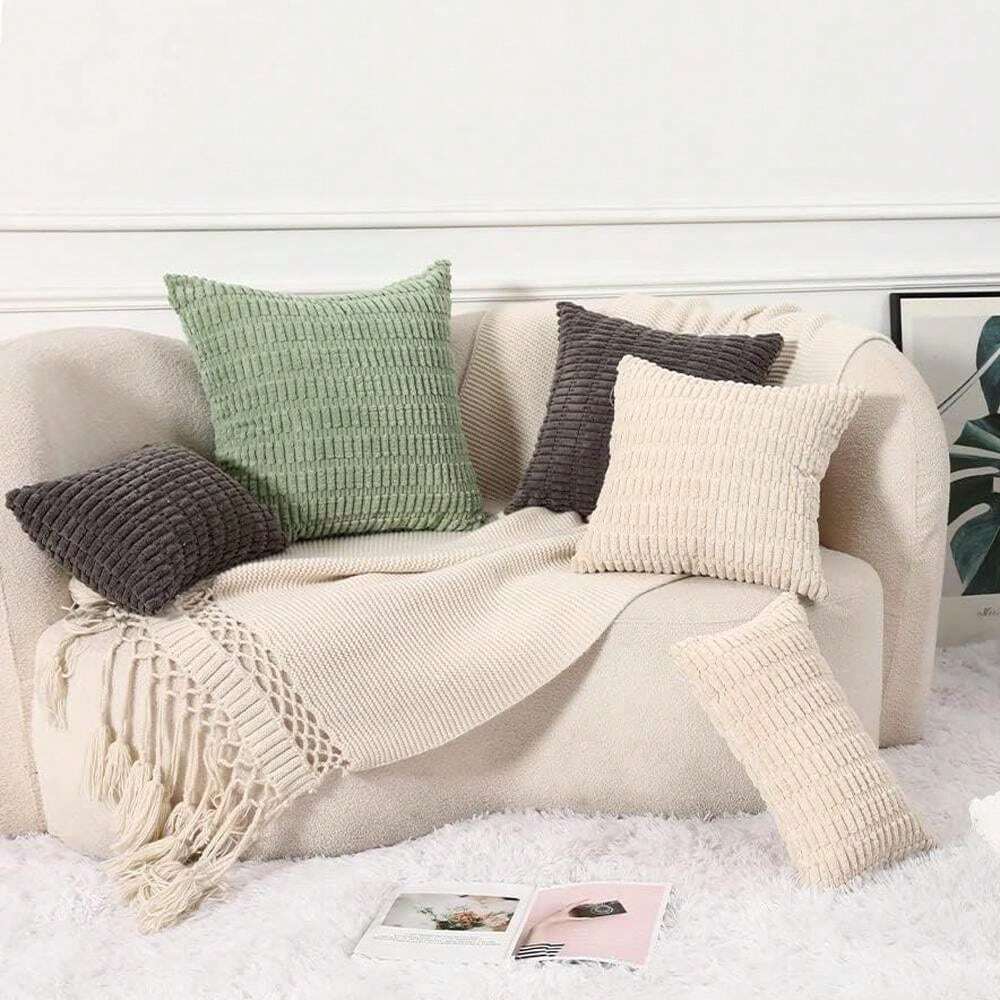 1pc Sage Green Decorative Throw Pillow Covers , Soft Corduroy Striped