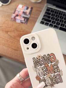 Animal 1pc Minimalist Leopard Print "MAMA" Leaf & Flower Pattern Cat Eye Retro White Full Cover Phone Case Compatible With IPhone 11/12/13/14/15 Pro Max
