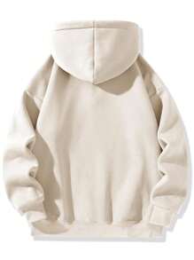 1pc Men's Casual Loose Chic Quarter Zip Hooded Sweatshirt, Thermal Lined, Fall/Winter, Long Sleeve Top - Khaki - View 3