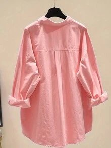 1pc Women's Solid Color Minimalist Button Up Shirt, For Daily Wear - Leather Pink - View 2