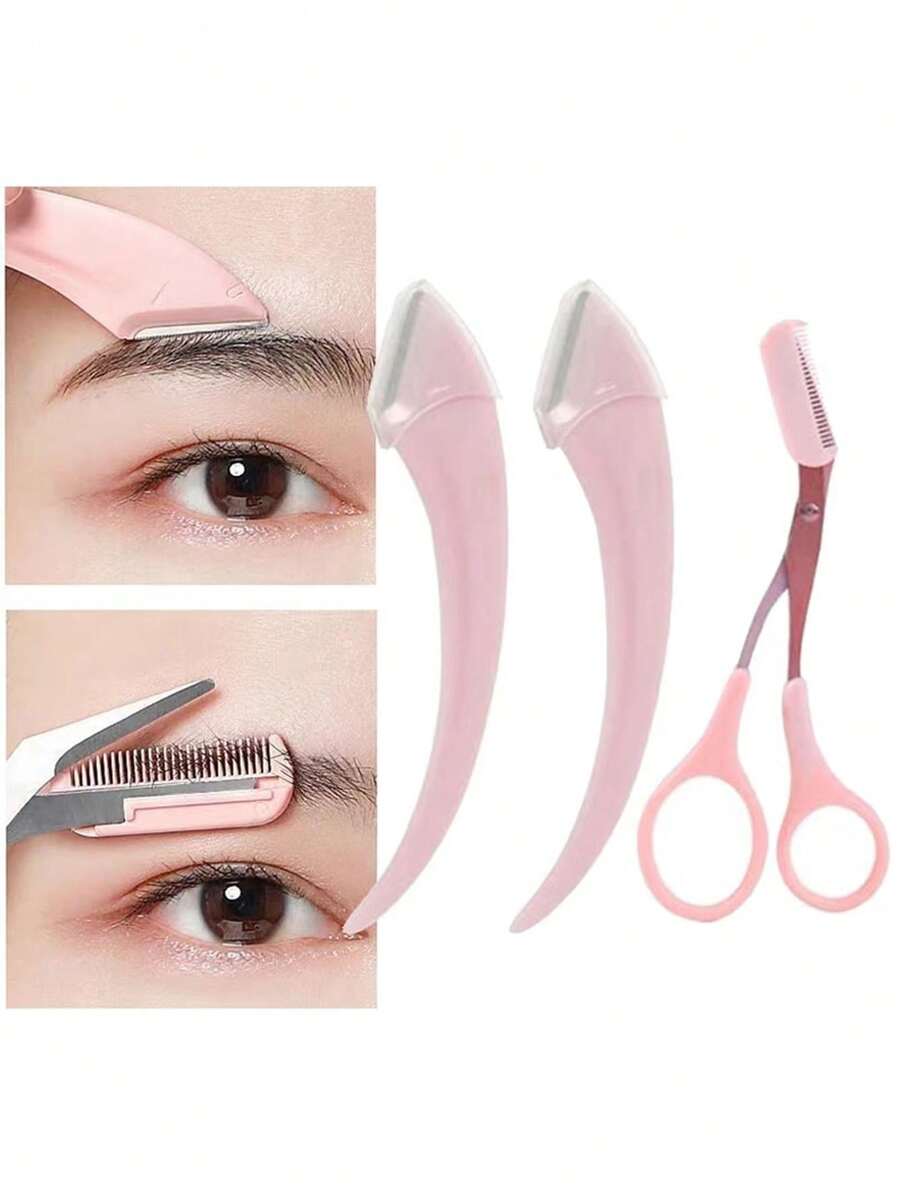 Bộ tỉa lông mày Dao cạo lông mày cong bằng thép không gỉ Kéo tỉa lông mày kèm lược, Dụng cụ làm đẹp cho người mới bắt đầu Phù hợp với mọi loại da Phụ kiện tẩy lông cho nam nữ, Dụng cụ trang điểm tẩy lông mặt Dụng cụ chải chuốt Định hình dao cạo Phụ kiện mỹ phẩm Lông mi
