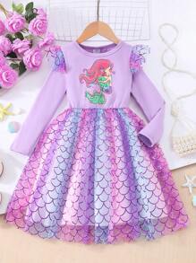Young Girl Long Sleeve Mermaid Scale Mesh Overlay Dress - Violet Purple - View 1