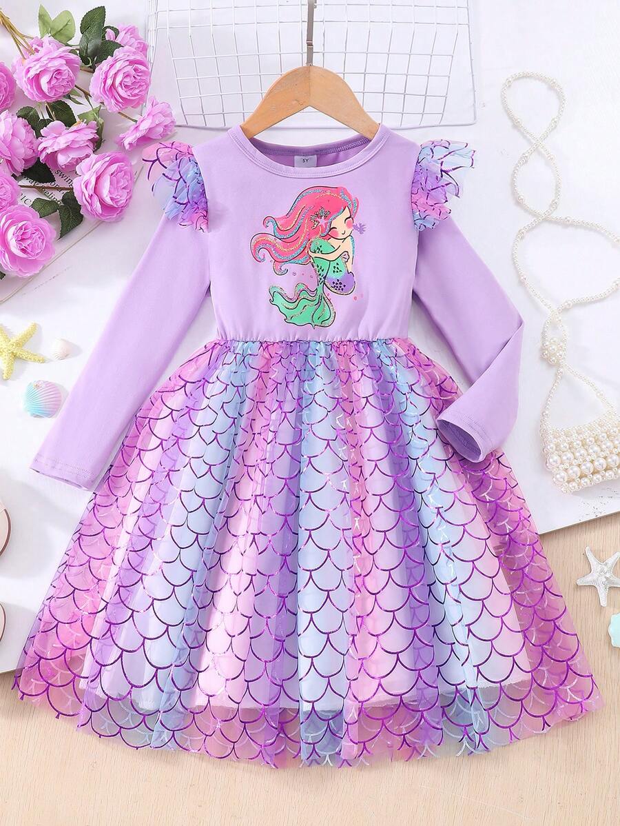 Young Girl Long Sleeve Mermaid Scale Mesh Overlay Dress - Violet Purple - View 1