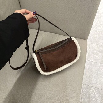 New Autumn/Winter Shoulder Bag, Suede Patchwork Fluffy Accent Crescent Shaped Minimalist Zipper Crossbody Bag