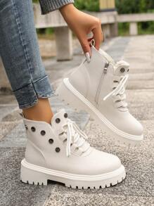 Women's Platform Lace-Up Short Boots, Warm Plush Lining, Thick Sole, Motorcycle Style, Ankle Boots For Winter