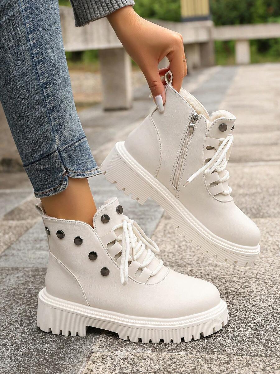 Women's Platform Lace-Up Short Boots, Warm Plush Lining, Thick Sole, Motorcycle Style, Ankle Boots For Winter