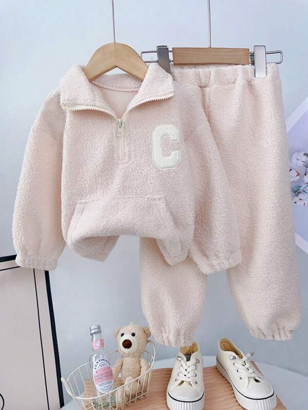 2 piezas Conjunto grueso de felpa: Chaqueta de manga larga con cuello alto minimalista informal y pantalones para niña joven, otoño/invierno