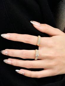 2pcs/Set Adjustable Sparkling Cubic Zirconia White Gold Plated Ring Set,Fashion Statement Eternity Promise Stackable Rings For Women,Ladies Jewllery,Women Gifts,Wedding Ring Set,Engagement Anniversary Rings Jewelry Gifts - Gold - View 4