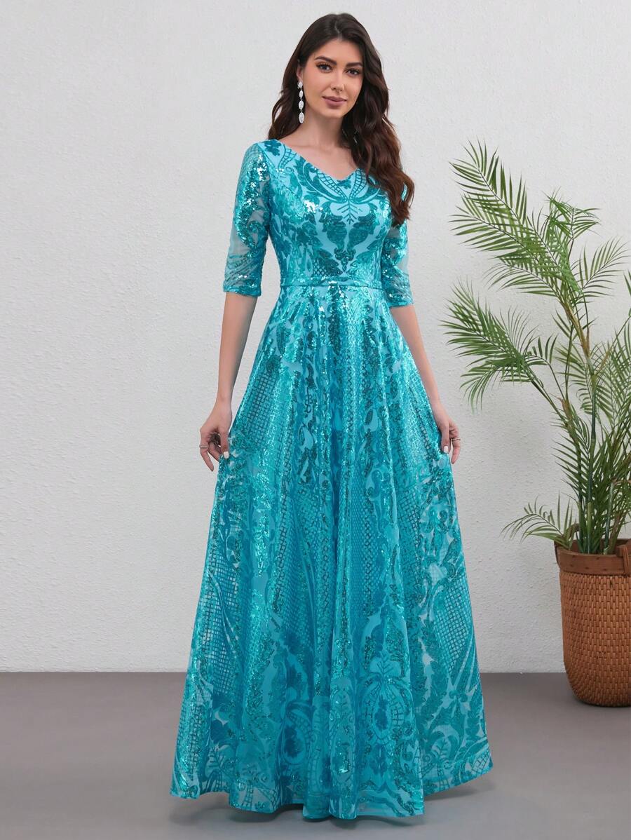 Đầm dạ hội maxi không tay cổ chữ V đính sequin lấp lánh, đầm dài xòe có khóa kéo, đầm dự tiệc cưới mùa xuân. - Màu xanh ngọc - Xem 1