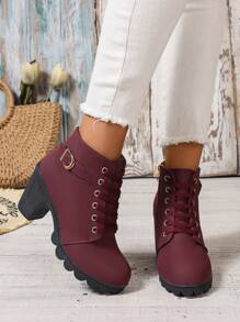 Autumn/Winter New Cross-Tied Short Boots, Thick Heel Boots, Leather Boots - Burgundy - View 2