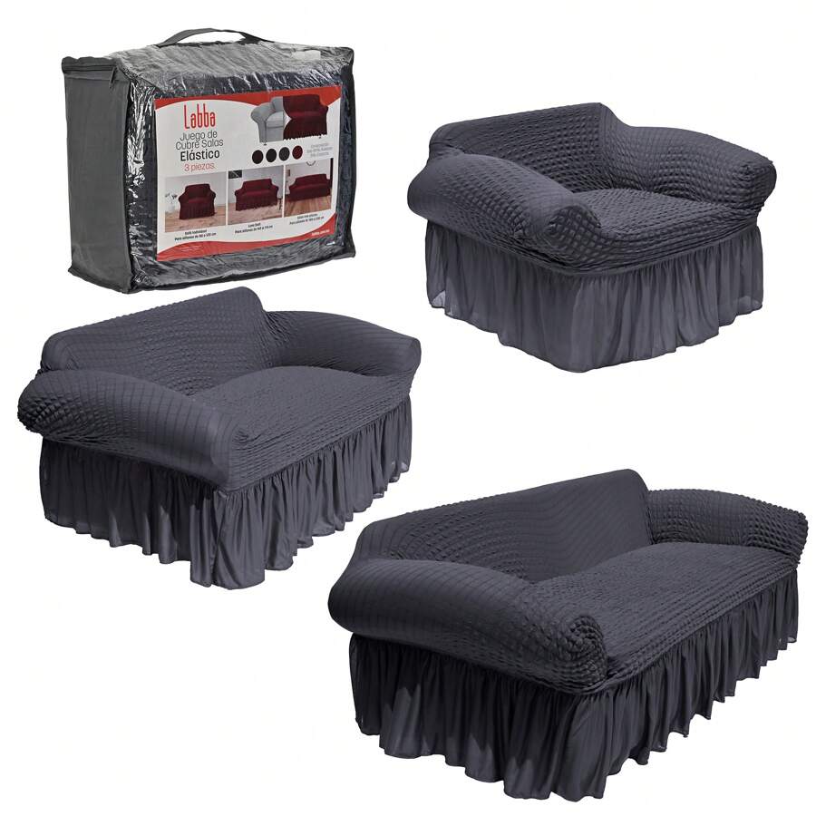 Protector Cubre Sala Stretch Fit Falda Bubble 3 Piezas - Gris Oscuro - Ver 1