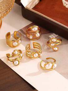 1pc High-End Luxury Pearl Inlaid Stainless Steel Open Ring, Fashion Retro Design, Suitable For Women's Ball & Party Wear - Yellow Gold - View 6