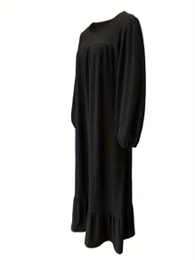 Women's Vintage Puff Sleeve Pocket Ruffle Hem Long Dress, New Spring/Autumn Fashion, Modest - Black - View 4