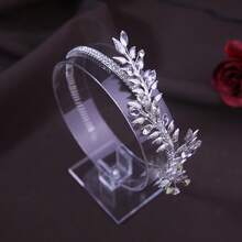 1入歐美婚禮頭飾，奢華水晶裝飾，金色葉子合金髮箍，適用於婚紗皇家頭冠 - 銀色 - 查看 2