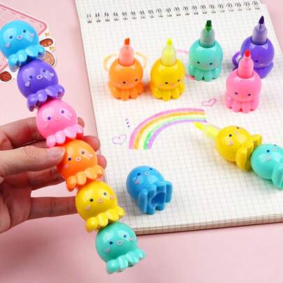 6pcs/Set Cute Octopus Shaped Fluorescent Highlighter Pen, Creative Colorful Marker Pen For Students, Suitable As Christmas Gift,Back To School