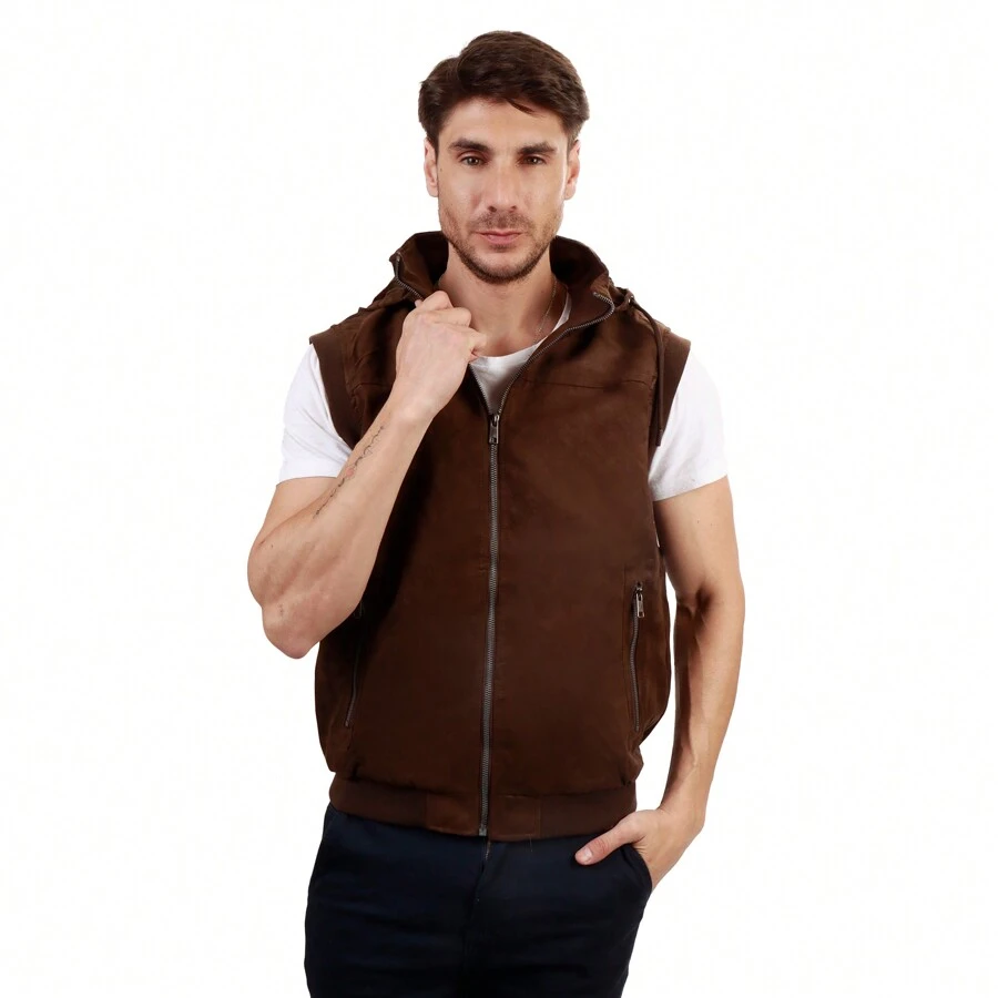 Chaleco Para Hombre Tipo Con Gorro Desmontable - Marrón Chocolate - Ver 1
