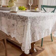 1pc Lace Hollow-Out Tablecloth, Black And White Vintage Classical Tablecover, Rectangular Suitable For Picnics, Festivals, Weddings, Events, Parties, Room Decor