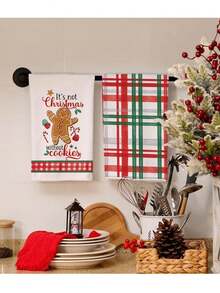 2 件套圣诞泰迪熊饼干和糖果图案超柔软纤维洗碗布，18 英寸 X 26 英寸厨房装饰毛巾，清洁洗碗布 - 彩色 - 查看 1