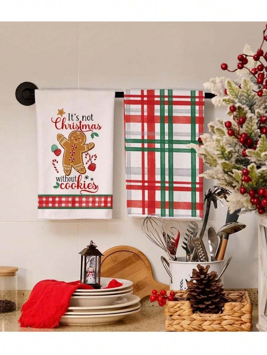 2 件套圣诞泰迪熊饼干和糖果图案超柔软纤维洗碗布，18 英寸 X 26 英寸厨房装饰毛巾，清洁洗碗布 - 彩色 - 查看 1