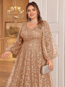 Plus Size Women's Floral Mesh Sweetheart Neck Lantern Sleeve Elegant Evening Gown, Wedding Guest Dress, Party Dress, Formal Dress