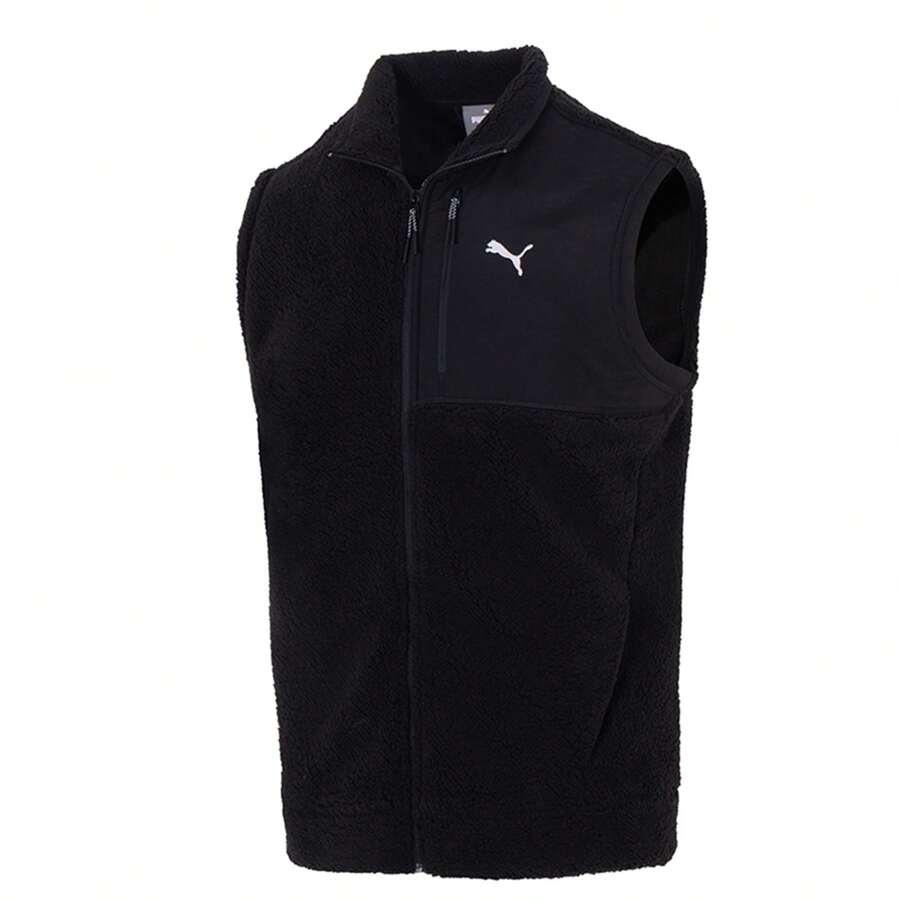 Puma 男士抓绒棉质背心，保暖舒适，防风，休闲立领外套，运动款 - 黑色 - 查看 1