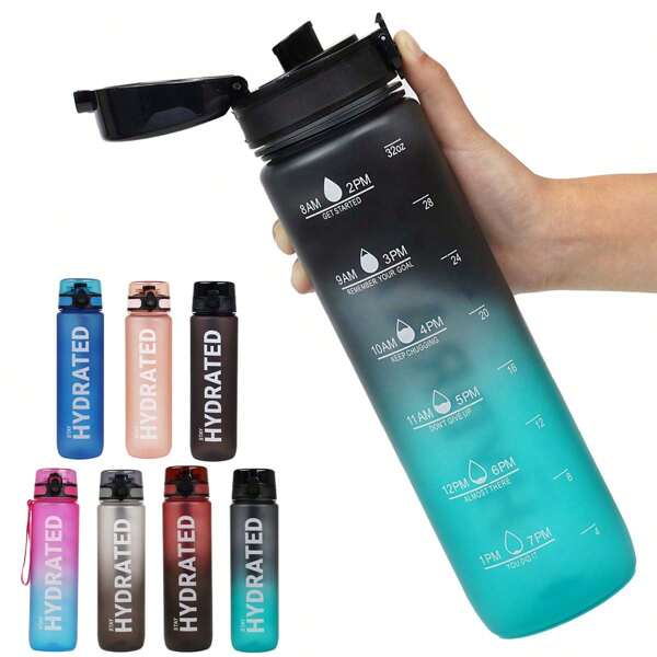 1 pieza Botella de agua deportiva de 1000ml/32oz, vaso portátil de bebida directa con tapa y asa, para acampar al aire libre, escala graduada, vaso de agua de alta capacidad unisex para el hogar, ciclismo, gimnasio, regalo