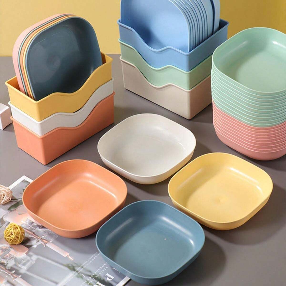 1 Set /10 Pcs Mixed Colors (Random Colors) Square Dinner Plates With 1