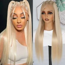 13X6 Free Part Platinum Blonde Lace Front Wigs 28 Inch Pre Plucked Long Straight Hair Wigs Glueless Soft Ash Blonde Colored Wigs Heat Resistant Fiber Hair Synthetic Lace Front Wigs For Women For Daily Christmas Party Cosplay Use - 金色 - 查看 3