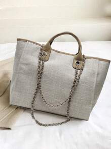 Women's Casual Large Capacity Tote Bag Fashion Chain Handbag Canvas Shoulder Bag Purse - 卡其色 - 查看 4