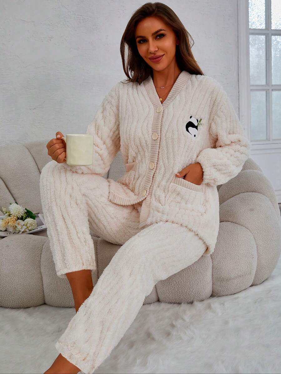Conjunto de 2 piezas: Cárdigan beige con bordado lindo de panda, pijama holgado y cómodo de mujer con bolsillos dobles esponjosos para usar en casa