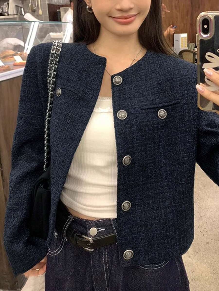 Loose Navy Blue Cardigan For Women, Open Front, Fashionable Button Decor Long Sleeve Tops, Autumn