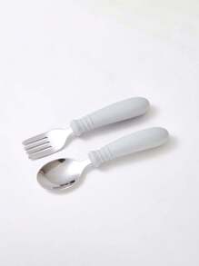 1set 2pcs Silicone & Stainless Steel Fork And Spoon Set, Baby Self-Feeding Training Cutlery, Children Tableware Tong Spoon - Multicolor - View 12