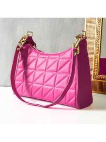 Women's Minimalist Baguette Zipper Hobo Shoulder Bag Elegant Quilted Embroidered - 玫紅色 - 查看 1