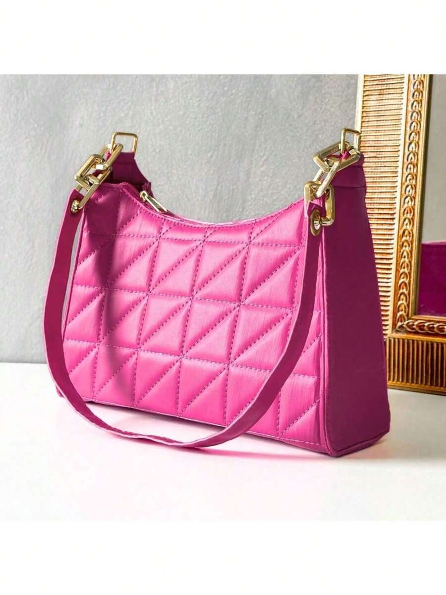 Women's Minimalist Baguette Zipper Hobo Shoulder Bag Elegant Quilted Embroidered - 玫紅色 - 查看 1