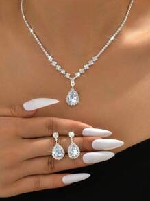 3 件套水晶锆石水滴项链和耳环首饰套装，适合婚礼和正式活动 - 寶藍色 - 查看 12