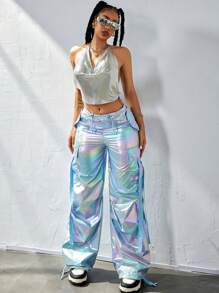 Y2K 全息激光翻盖口袋侧边带抽绳腰部阔腿降落伞工装裤日常休闲舒适长裤派对节日